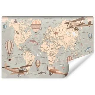 Muralo Fototapete für Kinder Weltkarte Flugzeuge Luftballons Tiere 520x318cm , Blau, Schwarz, Beige, Braun, Orange, Grau, Olivgrün , Papier , Land-/Weltkarte , Rechteckig , 520x318 cm ,