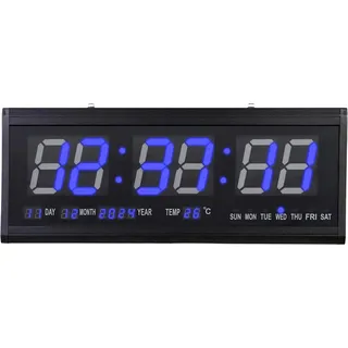 LED Wanduhr - Digital 48×19 cm - Automatische Dimmung - Lautlos - Uhrzeit/Datum/Temperatur - 220 V Netzbetrieb - Blau - Blau
