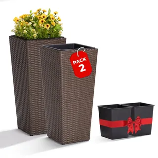 IDZO Allwetter-Pflanzgefäße aus Korbgeflecht für Outdoor-Pflanzen, 61 cm hoch, für Veranda, Terrasse, Balkon, Innenbereich, quadratische Rattan-Blumentöpfe, Mokka, 2 Stück