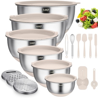 Terlulu Rührschüssel 6er Set, Edelstahl Schüssel Salatschüssel Set mit Deckel & Silikonboden, 3 Reibenaufsätzen, 4.7l/3.8l/2.8l/1.9l/1.4l/0.6l, Rutschfest & Stapelbar - Khaki