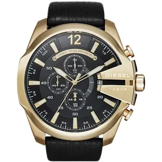 Diesel Herrenuhr Mega Chief, Chronographenwerk, 51mm Goldenes Edelstahlgehäuse mit Lederarmband, DZ4344