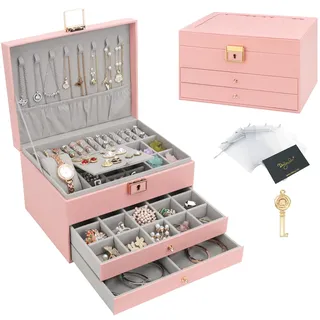 DesignSter Schmuckkasten, Schmuckkästchen mit 3 Ebenen mit Schubladen, PU-Leder Schmuckbox Schmuckschatulle Groß Schmuck Organizer für Ringe Ohrringe Armbänder Halsketten, Rosa