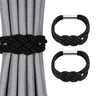Pretty Jolly 2 Stück Starke Magnetische Raffhalter für Vorhänge, Dekorative Vorhang-Raffhalter, Handgewebtes Seil, Knoten-Vorhanghalter für Zuhause und Büro, Fenstervorhänge (Schwarz)