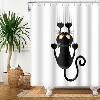 SDOTPMT 152x183cm Schwarz Katze mit Scharf Pfoten Duschvorhang Niedlich Komisch Katze Kätzchen Badevorhang Weiß Hintergrund Badewanne Vorhang Polyester für Badezimmer Badevorhang mit Haken