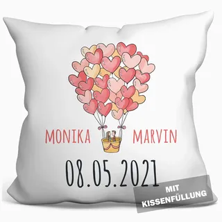 personalisierbares Kissen zur Hochzeit, Valentinstag oder Jahrestag, Hochzeitskissen Auto Hochzeits-Geschenk Geldgeschenk Kissenhülle mit Füllung und Namen weiß 40cm x 40cm (Comic Ballon)