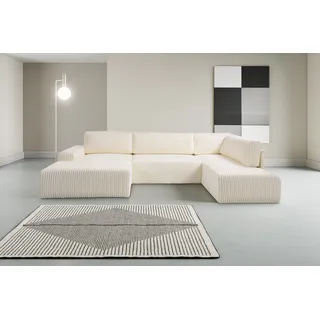 WERK2 Wohnlandschaft »Rotterdam-U, U-Form, in kuschelweichem Cord oder Breitcord« Design Sofa mit Schlaffunktion & Bettkasten, Breitcord, Creme, beige