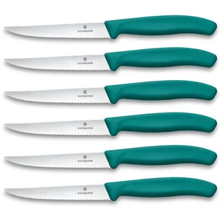 Victorinox Swiss Classic Profi Steak- und Pizzamesser-Set, 6-teilig, Tafelmesser, Wellenschliff, Scharfe Klingen, 11 cm, Robuste Kunststoffgriffe, Grün