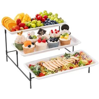 Lifewit Etagere 3 Etagen mit 36 x 17 cm Kunststoff Servierplatte, 3-stufiges Tablett Serviertablett Servierteller mit Klappbarer Schwarzem Metallregal, Buffet Party Zubehör für Gemüse/Obst/Kekse/Torte