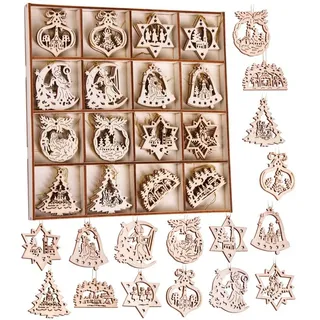 Brubaker 48-TLG. Weihnachtsanhänger Set - Baumschmuck aus Holz 3-4 cm - Weihnachtsdeko Glocken Sterne Tannenbaum Weihnachten - Holzanhänger für den Weihnachtsbaum - Christbaumschmuck