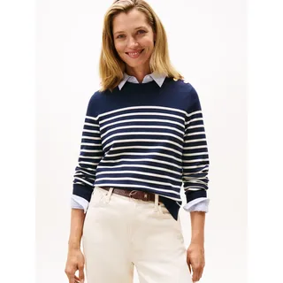 Strickpullover TOMMY HILFIGER "CO JERSEY MID GG LS GOLD BTN SWT", Damen, Gr. M (38), weiß (placed thin weiß stp sweaters), Strick, Obermaterial: 75% Baumwolle, 25% Polyamid, gestreift, normal, Rundhals, Pullover Strickpullover, mit goldfarbenen Knöpfen