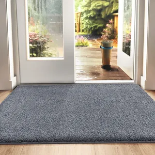 DEXI Fußmatte Innen 90 x 150 cm, rutschfeste Schmutzfangmatte, Maschinenwaschbare Fussmatte, Saugstarke Türmatte, Sauberlaufmatte, Eingangsteppich für Hund, Haustür & Flur, Grau-blau