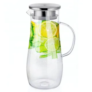 alpina Glaskaraffe mit Deckel 1.4L Wasserkaraffe mit Edelstahlfilter - Karaffe Glas für kalte und warme Getränke - Eleganter Wasserkrug