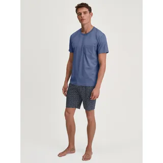 Shorty CALIDA "Relax Imprint 2", Damen, Gr. M (50), coastal fjord, Single Jersey, Obermaterial: 100% Baumwolle, bequem kurz, V-Ausschnitt, Homewear-Sets Shorty, kurzarm, Rundhals, Brusttasche