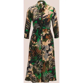 Midikleid MADELEINE "Kleid Bedrucktes Kleid mit Rocktaschen", Damen, Gr. 38, N-Gr, schwarz (schwarz, cognac, khaki), Obermaterial: 100% Viskose CV., Modern, figurumspielend, Kleider Midikleid