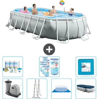 Intex Oval Prism Frame Swimmingpool – 503 x 274 x 122 cm – Grau – inklusive Pumpe – Leiter – Bodenplane – Abdeckung Wartungspaket - Filter - Bodenfliesen