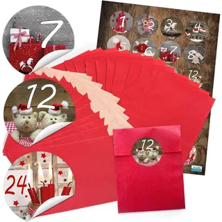 Rote Adventskalender-Säckchen, 9-5 x 14 cm, inklusive runder Foto-Aufkleber – Zahlen-Aufkleber von 1 bis 24 zum Befüllen