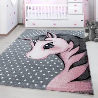 Ayyildiz Teppiche Kinderteppich "Kids 590, auch in rund erhältlich" rechteckig 12 mm Höhe auch in rund, Einhorn Motiv, Kurzflor, pink, grau