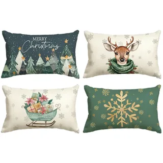 Artoid Mode Bäume Rentier Schlitten Schneeflocken Frohe Weihnachten Kissenbezüge 4er Set, 30x50 cm Christmas Zierkissenbezug Cushion Cover Couch Deko