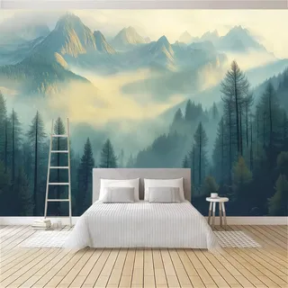 Naturlandschaft Vlies Fototapete 3D Effekt Blau Grün Ölgemälde Berge Wald Vliestapete - Wandtapete Für Wohnzimmer Schlafzimmer Büro Flur Tapete Kinderzimmer Jungen Mädchen Wandtapete 400 x 280 cm