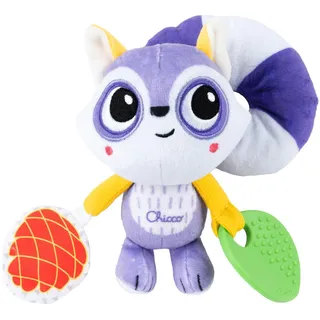 Chicco Tragbarer Waschbär, Rassel mit großem weichem Schwanz zur Befestigung am Kinderwagen oder Autositz, mit blattförmigem Schnuller, Tannenzapfen-Anhänger mit plätscherndem Geräusch, 3-24 Monate