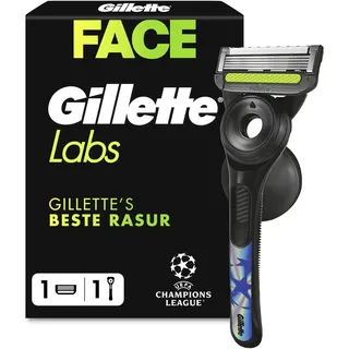 GilletteLabs Rasierer Herren mit Reinigungselement UEFA Champions League Special Edition, Nassrasierer — Inkl. 1 Handstück, 1 Ersatzklingen mit Wandhalterung für Einfache Lagerung — Edelstahl, Schwarz