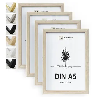Heimlich® - Bilderrahmen - A5 14,8 x 21 cm, Ayous-Holz, Eichenfarbe, 4er-Pack – Diplom-Poster-Collage-Rahmen mit Kunststoffabdeckung – Wandmontage oder Tischaufsteller
