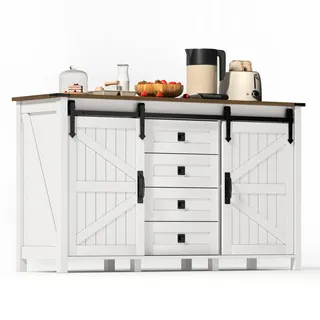Redom Sideboard im modernen Landhausstil mit 2 Schiebetüren und 4 Schubladen, Mdf, 137/40/81,5 cm, Weiß , Holzwerkstoff , 137x81.5x40 cm , Kleinmöbel, Kommoden, Sideboards