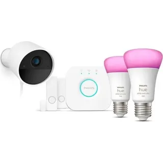 Philips Hue Secure Starter Kit – 1 kabelgebundene Kamera + 2 Kontaktsensoren + 2 smarte Glühbirnen + 1 Bridge