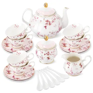 fanquare 21 Stück Britische Porzellan Teeservice mit Gold Rand, Rosa Herbstblätter Blumen Kaffeeservice für Frauen Tee Party, 6 Teetasse und Untertassen für Kaffee nach Hause Hochzeit