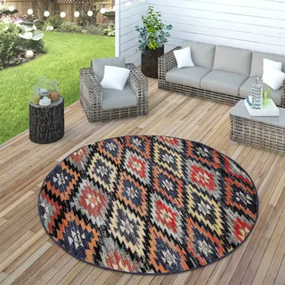 In- & Outdoor Teppich Modern Zickzack Muster Terrassen Teppich Bunt Grösse Ø 200 cm Rund - Bunt