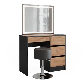 Vicco Schminktisch Sherry, 90 x 75 cm mit LED-Spiegel und Hocker, Anthrazit/Goldkraft Eiche - Grau, Schwarz