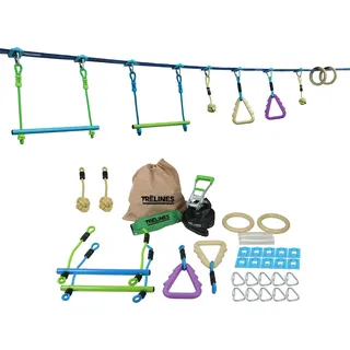 Trelines Ninja Adventure Line 11 m – Slackline-Hindernisparcours für Kinder ab 5 Jahren mit Kletterseilen, Griffknoten und Turnringen, inkl. Aufbewahrungsbeutel, Grün