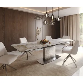 DELIFE Esstisch Edge 200-300x100 Keramik Minas Melange Weiß-Beige Wave Edelstahl ausziehbar - Beige, Weiß