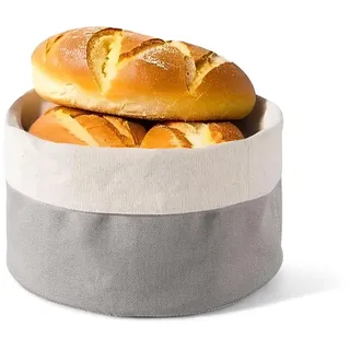 Prmape Brotkorb Stoff Rund, 25 x 22.5 cm Brotbeutel aus Baumwolle, Wiederverwendbare Brottasche Grau/Créme, Brotsack zum Frischhalten für Backwaren, Getreide, Brot, Nüsse, Obst, Gemüse, Körner