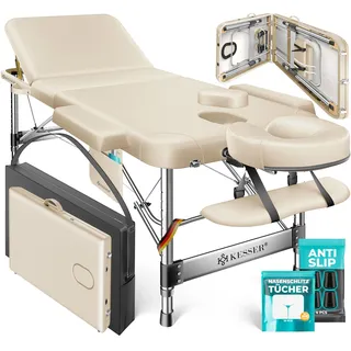 KESSER® Massageliege 3 Zonen bis 250kg, Massagetisch klappbar, verstellbar, tragbarer Koffer, Kosmetikliege, Therapieliege, Zubehör, Alu-Kopfstütze, Armlehne, Tragetasche, Anti Rutsch, 60cm, Beige