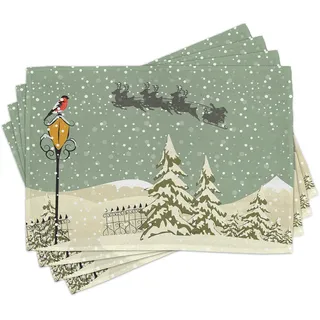 ABAKUHAUS Weihnachten Platzmatten, Weihnachtsmann-Ren, Waschbare Stoff Esszimmer Küche Tischdekorations Digitaldruck, Beige Grün Weiß