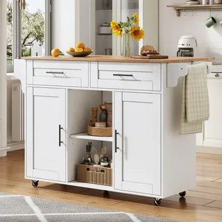 Merax mobile Kücheninsel mit klappbarer Arbeitsplatte und verstellbaren Regalen, Sideboard mit Rollen und Besteckschublade, für Küche/Esszimmer, Weiß - Weiß