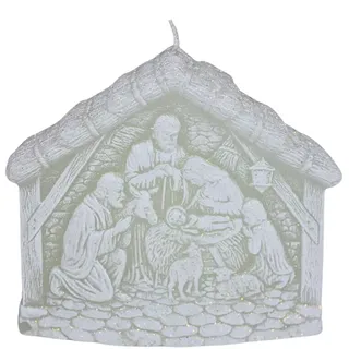 Dekohelden24 Hochwertige Christliche Kerze als Krippe, Christ Geburt als Krippenstall, in Weiß Mit Glitter, Größe L/B/H: Ca. 12 x 4 x 11 Cm