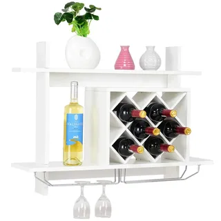 COSTWAY Weinregal zur Wandmontage, Flaschenregal mit Glashalter, Weinhalter Holz hängend, Weinflaschenhalter weiß, Weinregal Wand für Küche, Zuhause