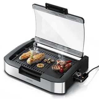 Arendo - Gourmet Tischgrill Elektrogrill Edelstahl - 1800 W - mit Glasabdeckung - für Balkon Garten Indoor - Antihaftbeschichtung - Temperaturregelung mit 5 Stufen - GS-zertifiziert - BPA-frei