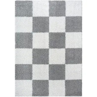 Hochflorteppich , Weiß, Hellgrau , Textil , Karo , rechteckig , 120x170 cm , für Fußbodenheizung geeignet, schmutzabweisend, für Hausstauballergiker geeignet, pflegeleicht , Teppiche und Böden, Teppiche, Hochflorteppiche & Shaggys