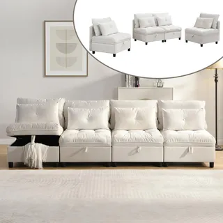 Fortuna Lai [Wolken-Modulsofa]4-Sitzer modulares trennbares Sofaset:Frei kombinierbar+Stauraum unter allen Sitzkissen+Schlaffunktion+Chenille-Bezug,Freie Raumgestaltung mit Wohnzimmer-Sofabett-Kombinatio - Beige