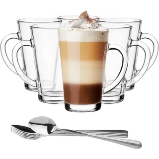 Glasmark KROSNO 1992 Kaffeegläser Mit Henkel Und Löffel 6 Stück 300 ml Kaffeetassen Teegläser Cappuccino Latte Eistee Transparentes Glas