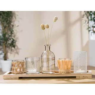 GILDE 6 teiliges Geschenkset Natur – Deko Teelichthalter Glas mit Tablett kleine Vase Trockenblumen mit Holz Tablett 13 x 40 cm -Tischdeko Wohnzimmer modern