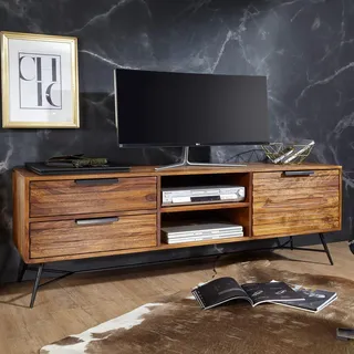 FineBuy Lowboard NISHAN 160x54x40 cm Sheesham Massiv Holz Hifi-Board mit Stauraum und Schubladen Massivholz Fernsehschrank Wohnzimmer Industrial - Braun