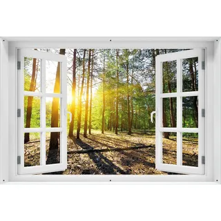 Wallario Outdoor-Poster für Garten oder Balkon 61 x 91,50 cm: Sonnenstrahlen tief hinter dem Wald - Schwarz