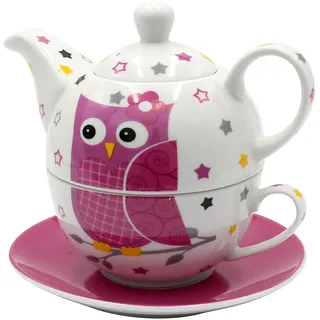 Dekohelden24 Porzellan Teekannen-Set/Tea for one mit Eule in weiß/pink, 3-teilig, L/B/H 16 x 14 x 10 cm, Fassungsvermögen Kanne - Tasse 400-200 ml