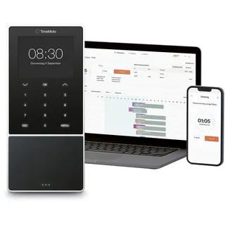 Timemoto TM-818 SC Cloud-basiertes Zeiterfassungsgerät, kombinierbar mit kontaktlosen Smart Access Cards, RFID Badge/Schlüsselanhänger, PIN, bis zu 2.000 Benutzer, Terminplanung, Arbeitszeitberichte
