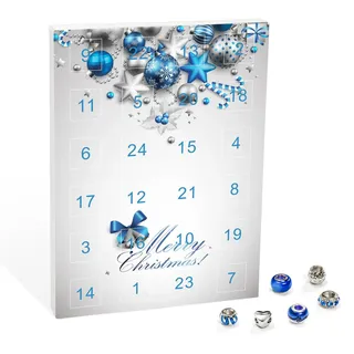 VALIOSA Mode-Schmuck Adventskalender mit Halskette, Armband + 22 individuelle Perlen-Anhänger aus Glas & Metall, Geschenkidee für Mädchen, blau, 24-teilig (1 Set) - Weiß