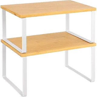 Set von 2 Erweiterbaren Küchenregal-Organizern - Gewürzregal und Aufbewahrungsregal für Küchenschrank und Arbeitsplatte - Weiße und natürliche Farben Küchenregal Organizer